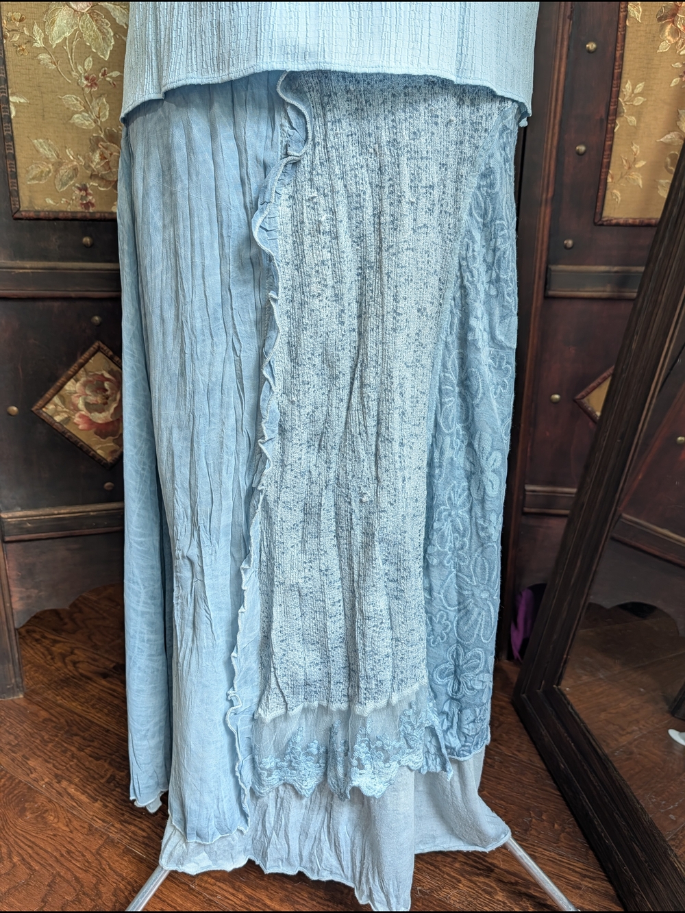 Fleur de Lis Baby Blue Layer Lace Patchwork Maxi Skirt Fairy Boho Medium M Y2K - Picture 3 of 8